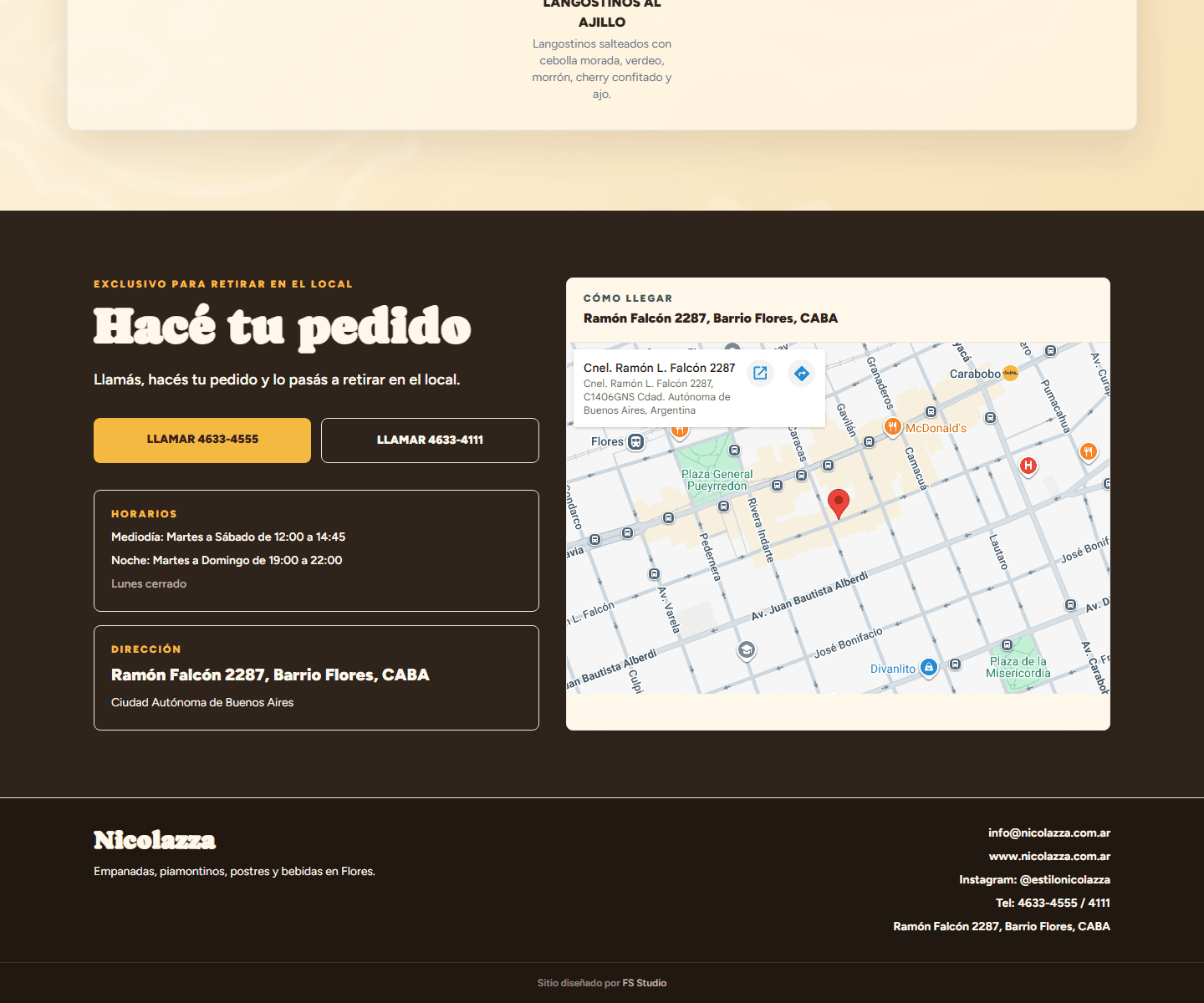 Seccion de pedido, horarios y ubicacion en desktop